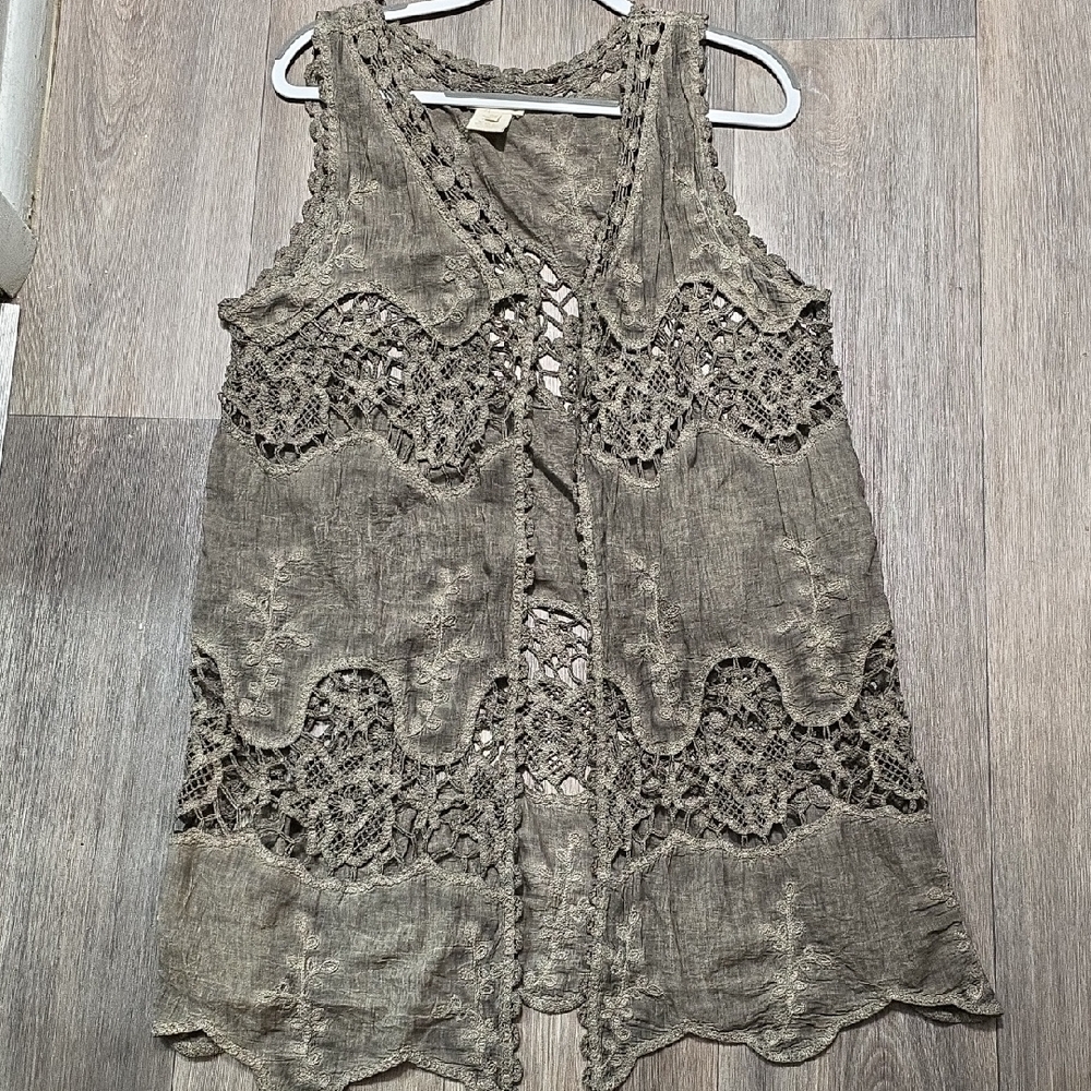 Boho Crochet Lace Olive Green Sleeveless Cardigan Vest